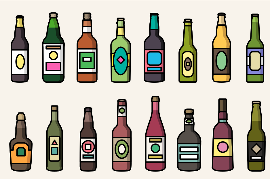 Set of colorful icons of alcoholic drinks' bottles. Vector isolated illustrations in flat style design