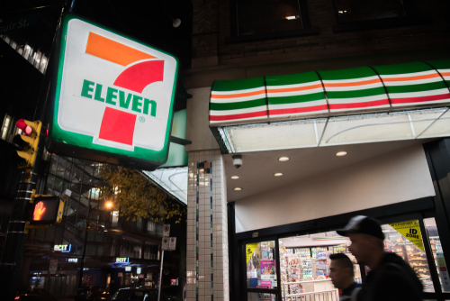 A 7-11 store in the city of Vancouver, Canada. 7-11 is a multinational convenience store chain.