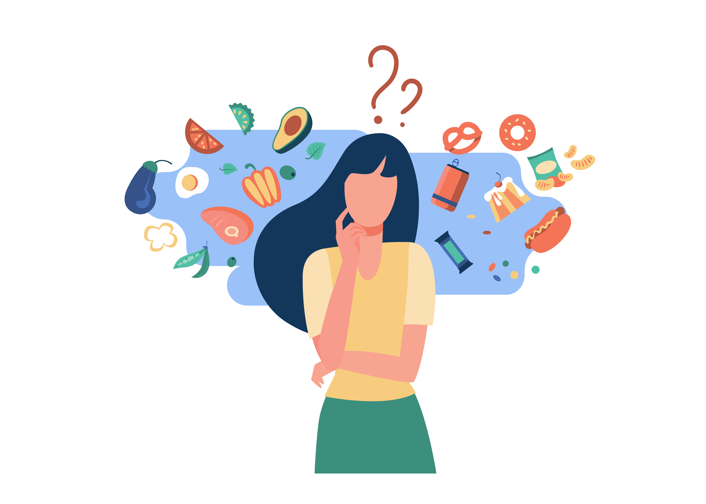 Woman choosing between healthy and unhealthy food. Character thinking over organic or junk snacks choice. Vector illustration for good vs bad diet, lifestyle, eating concepts