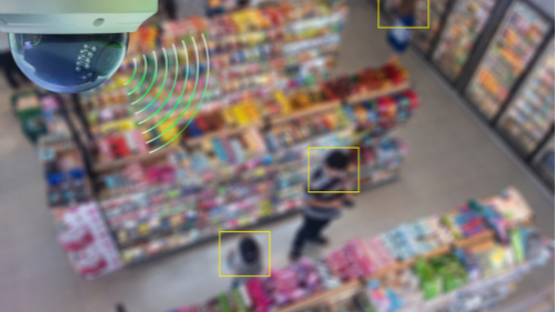 A Dome CCTV infrared camera technology 4.0 for look security area of people at convenience shop show signage with checking and counting people in yellow boxed security area